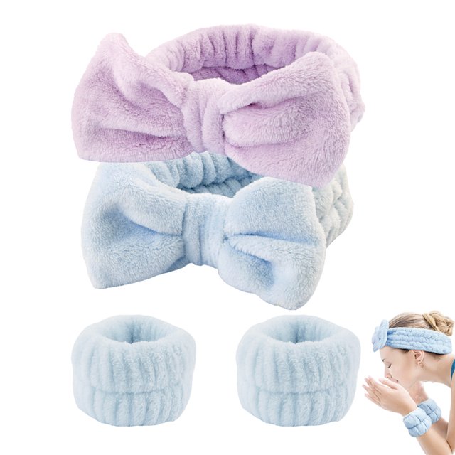 Puños de pulsera con diadema para lavado de cara Maquillaje femenino para evitar derrames de líquidos Juego de 4 piezas