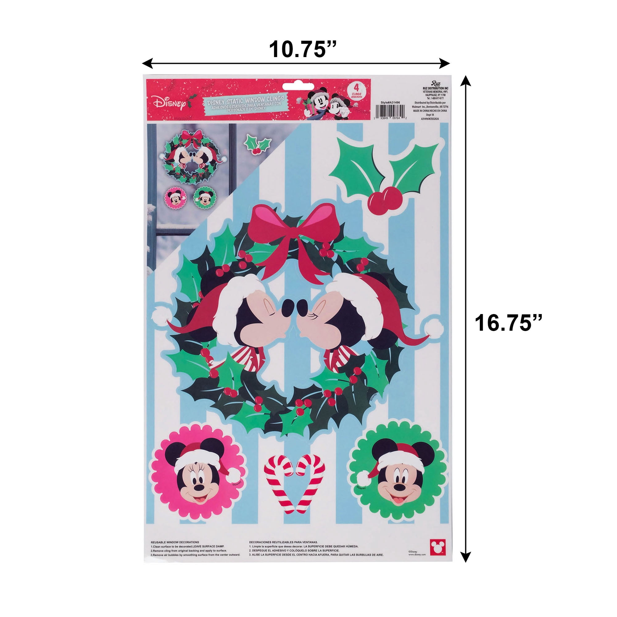 Disney Mickey & Minnie Christmas Window Clings, 4‑Piece Holiday Window Decorations – Festive Wreath & Holiday Icons