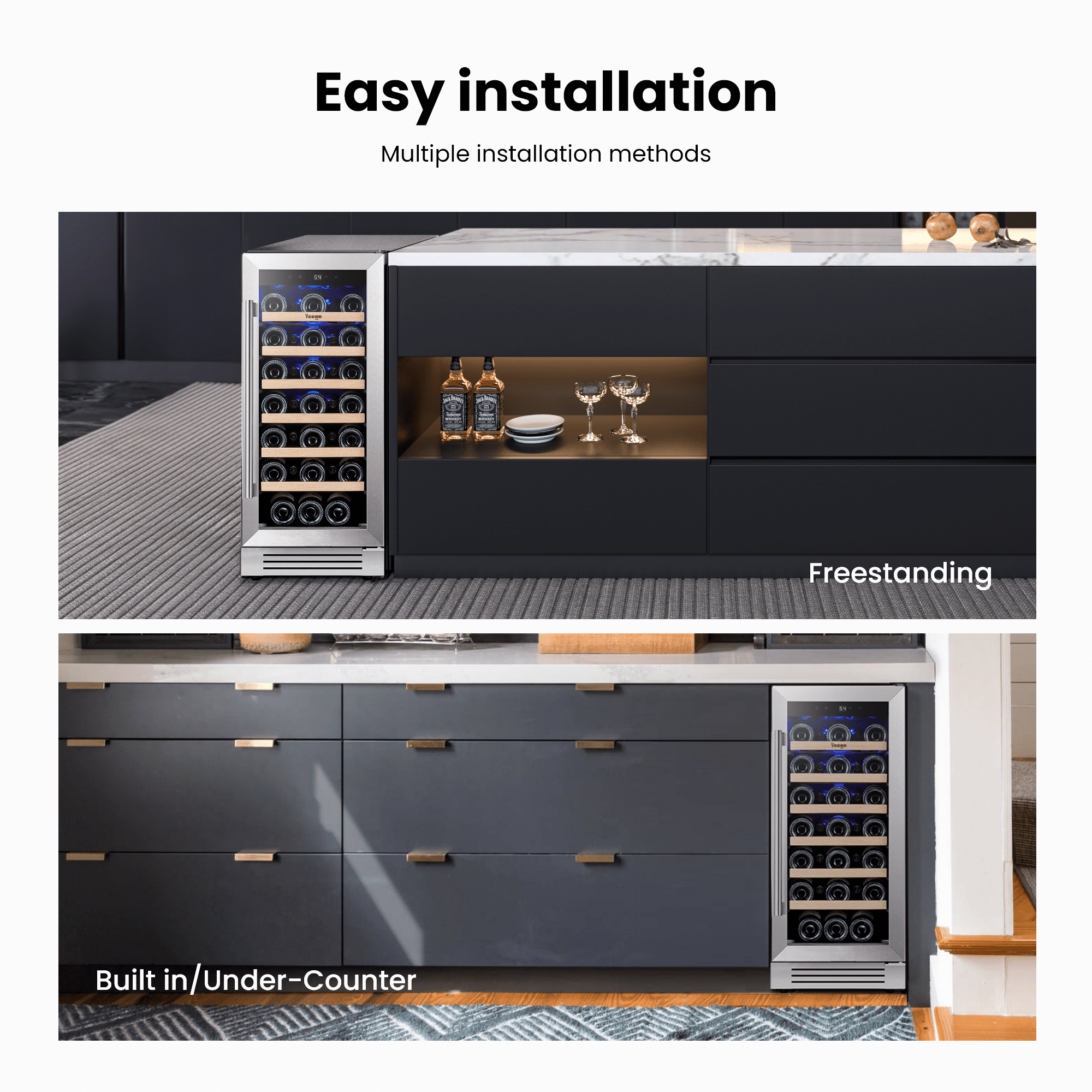 Yeego 15 Inch Wine Cooler and Refrigerator, 33 Bottles 40-65℉ with Glass Door Wine Fridge for Home Kitchen Bar, Built-in or Freestanding