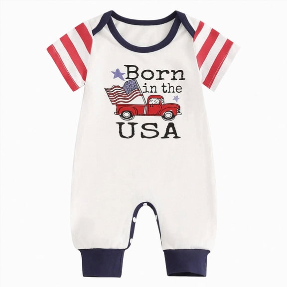KPOPLK Newborn Baby Boy Clothes Pajama Button Down Short Sleeve USA Print Romper Jumpsuit Collared Bodysuit One-Piece PJM Size 0-3 Months,White
