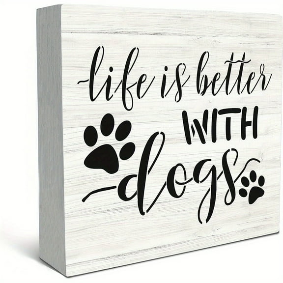 Life is Better with Dogs Wooden Block Box Sign - Wood Desk Decor with Paw Prints, 5x5 Inch Dog Lovers Home Decor for Shelf, Table, Living Room, Shelf Decoration