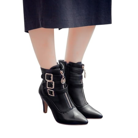 

Josdec Womens Boots Wide Width Shoes High Heel Pointed Toe Solid Color Warm Belt Buckle Zip Cowgirl Boots Black 37