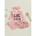 thumbnail image 4 of BemeyourBBs Newborn Hello I'm New Here Baby Girl Coming Home Outfits Letter Print Long Sleeve Romper Ruffle Shorts Skirt Headband Long Socks Set 4Pcs Spring Fall Winter Clothes, 4 of 9