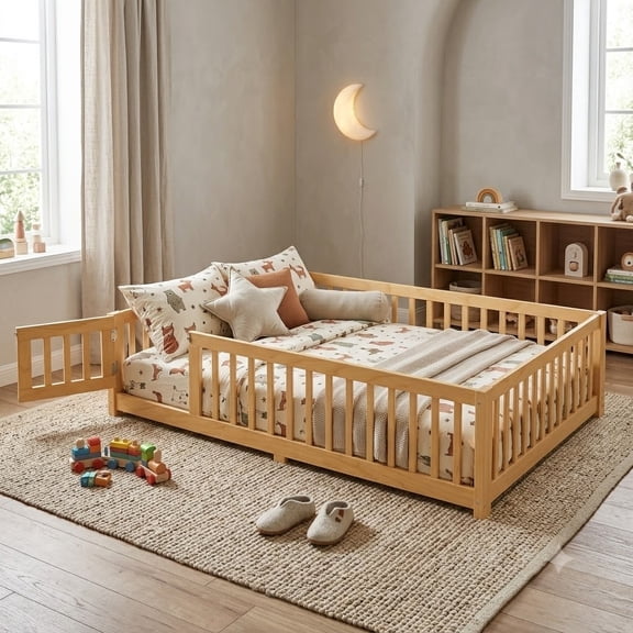 Full Size Floor Bed with Door and Support Slats, Wood Kids Floor Bed with Full-length Guardrails, Montessori Bed Frame Toddler Bed for Kids, No Box Spring Needed Design