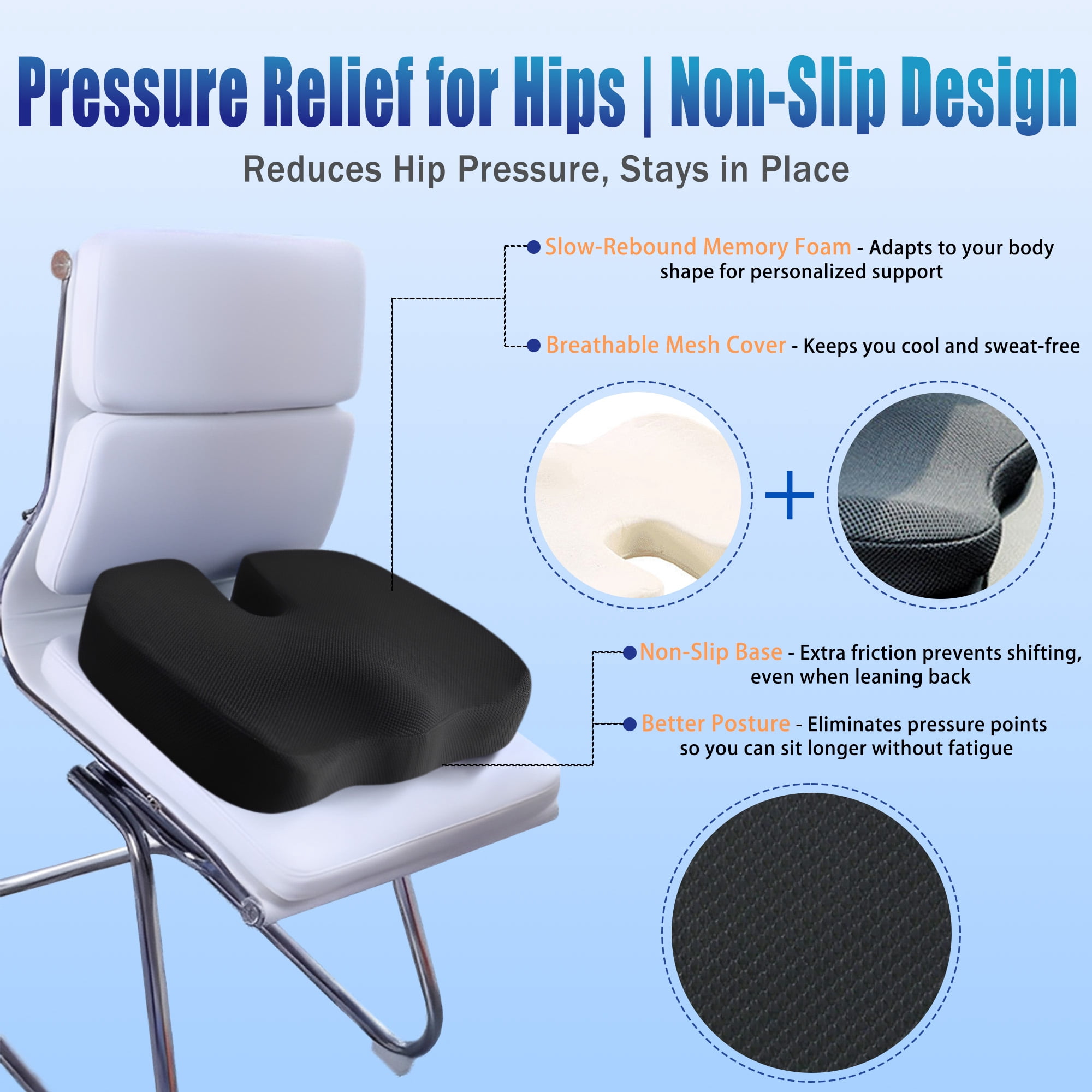 Comopio Memory Foam Seat Cushion for Sciatica, Coccyx & Tailbone Pain Relief, Orthopedic Chair Pillow for Office, Car, Wheelchair & Airplane, Non-Slip Extra Large Premium Support for Desk Chair