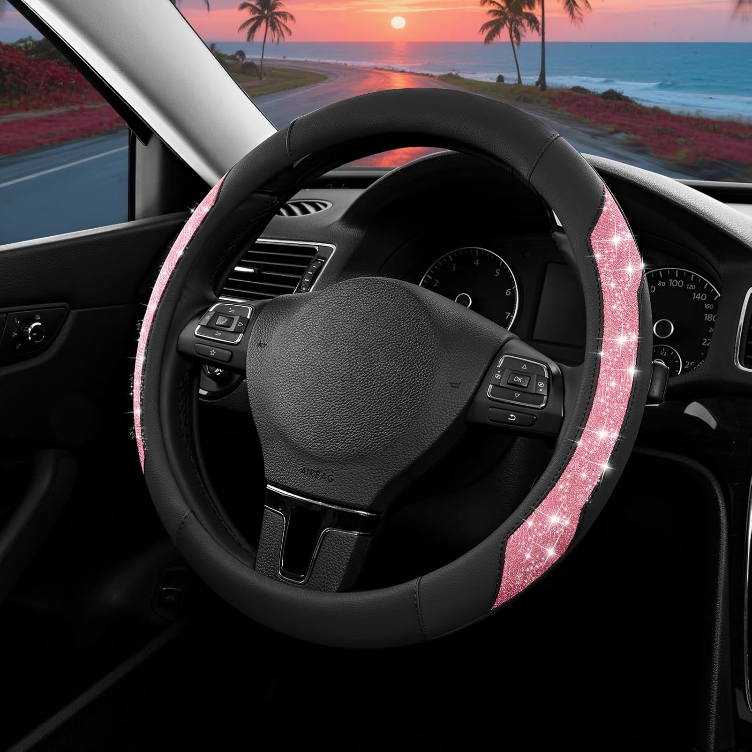 Steering Wheel Cover, Hot Pink Sparkly Crystal Bling Glitter with Leather, Universal Fit 14.5"-15.5" Car Steering Wheels for Girls & Women, Anti-Slip Wheels Cover for Cars, Trucks, Van, SUVs