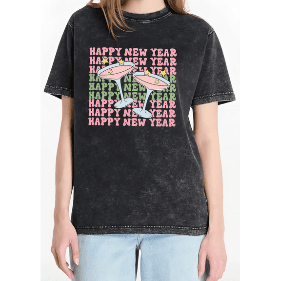 Washed Lovely stars and Wine glass Happy New Year Theme Graphic Tee T Shirt Tops Cozy Short Sleeve Round Neck Black S-2XL Plus Size