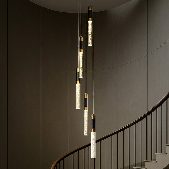12'' Modern 5-Light Seeded Bubble Glass Cluster Integrated LED Staircase Chandelier Pendant Light In Matte Black