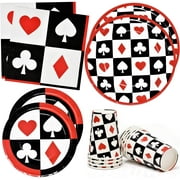 Casino Game Poker Night Party Supplies Tableware Set 24 9" Dinner Plates 24 7" Plate 24 9 Oz. Cups 50 Lunch Napkins for Card playing Club Heart Spade Black & Red Theme Disposable Birthday Paper Goods