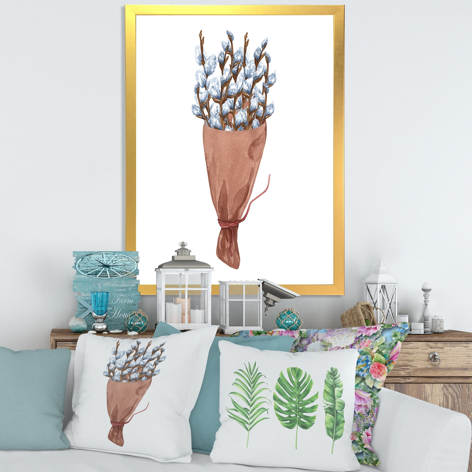 Designart 'Bunch of White Pussy Willow Twigs I' Farmhouse Framed Art Print