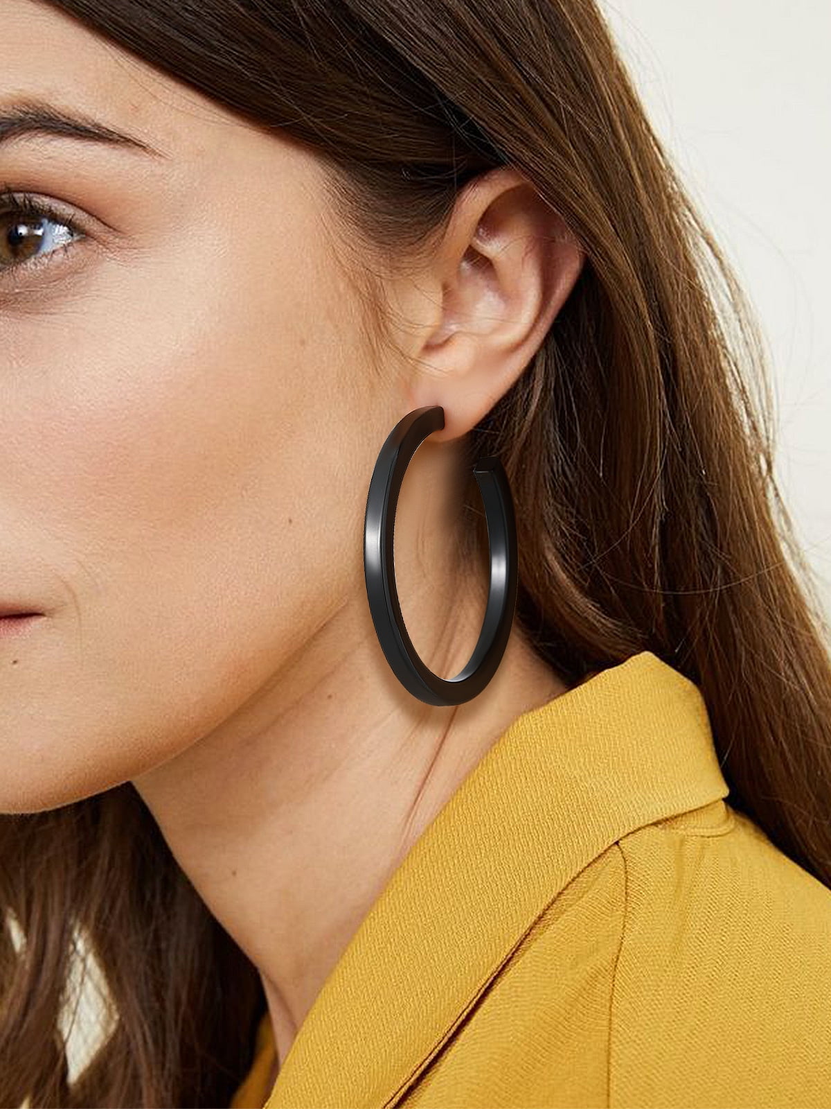 FOCALOOK Black Hoop Earrings for Women Hypoallergenic Lightweight Large Chunky Thick Trendy Cube Tube Open Hoop Earrings 60mm