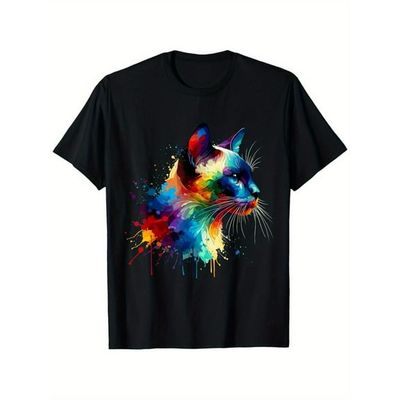 Splash Art Men's European Burmese Cat Graphic T-Shirt Black S-5XL Burmese Splash T-Shirt 100 Percent Cotton 180gsm MicroStretch Crew Neck Top Vibrant Watercolor Design Casual Summer Shirt Machine Was