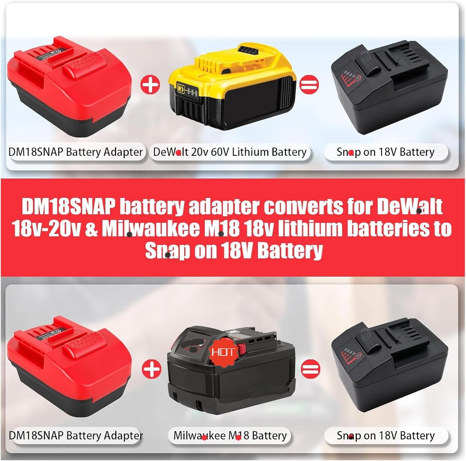 Adapter Fit for De*walt 18v-20v & for Mil*wau*kee 18v-M18 Lithium Batteries, DM18SNAP Converter use for Snap On 18V Li-ion Battery Power Tools  CTB8185 CTB7185