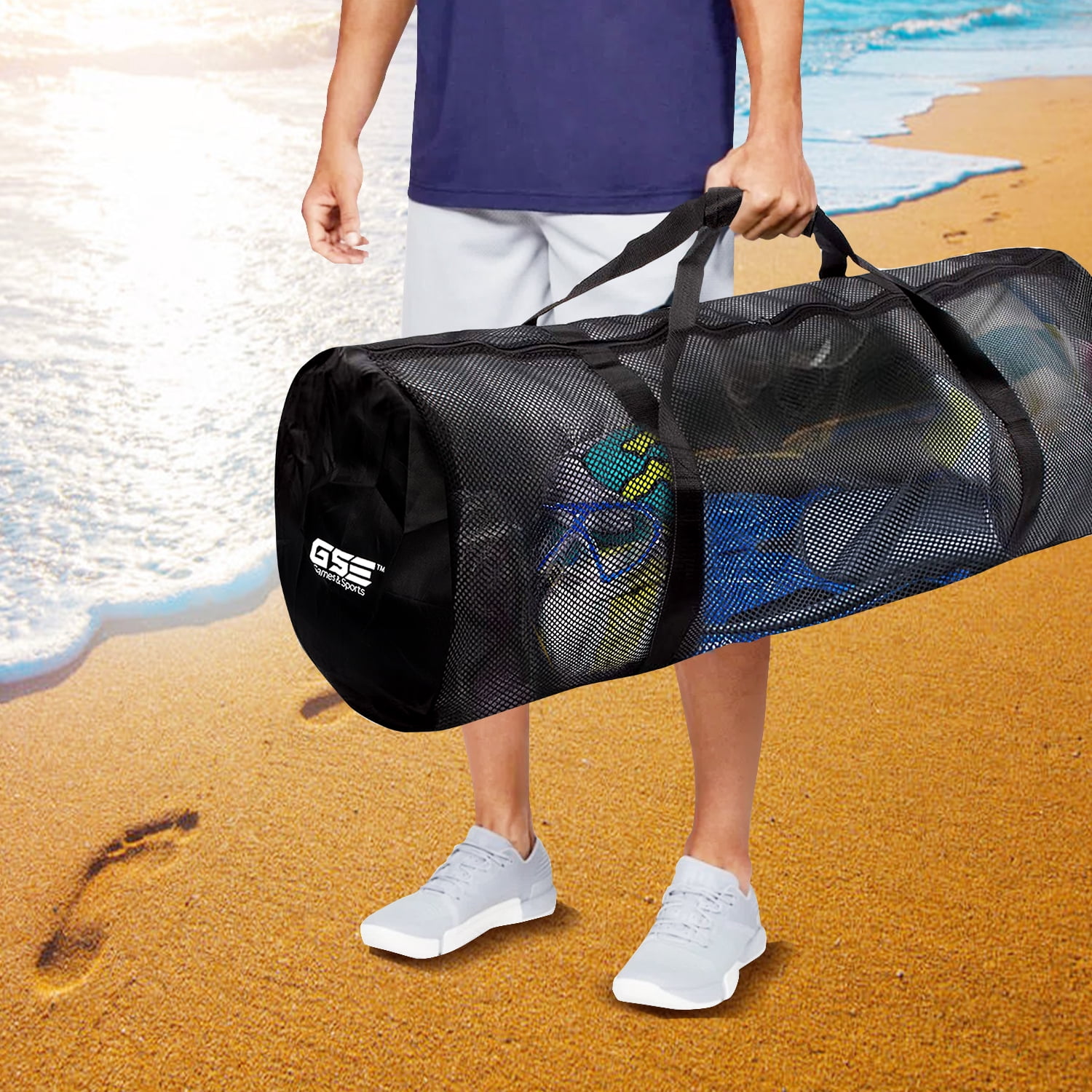 GSE Games & Sports Expert 6 Pack Large Mesh Duffel Bag with Zipper. Sport Equipment Scuba Bag for Sport Balls, Team Practice, Swimming Gear, Diving, Rafting, Water Sports - Black
