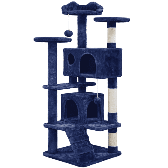 Yaheetech 53.9" H Cat Tree with Double Condos, Scratching Posts & Ramp, Navy Blue