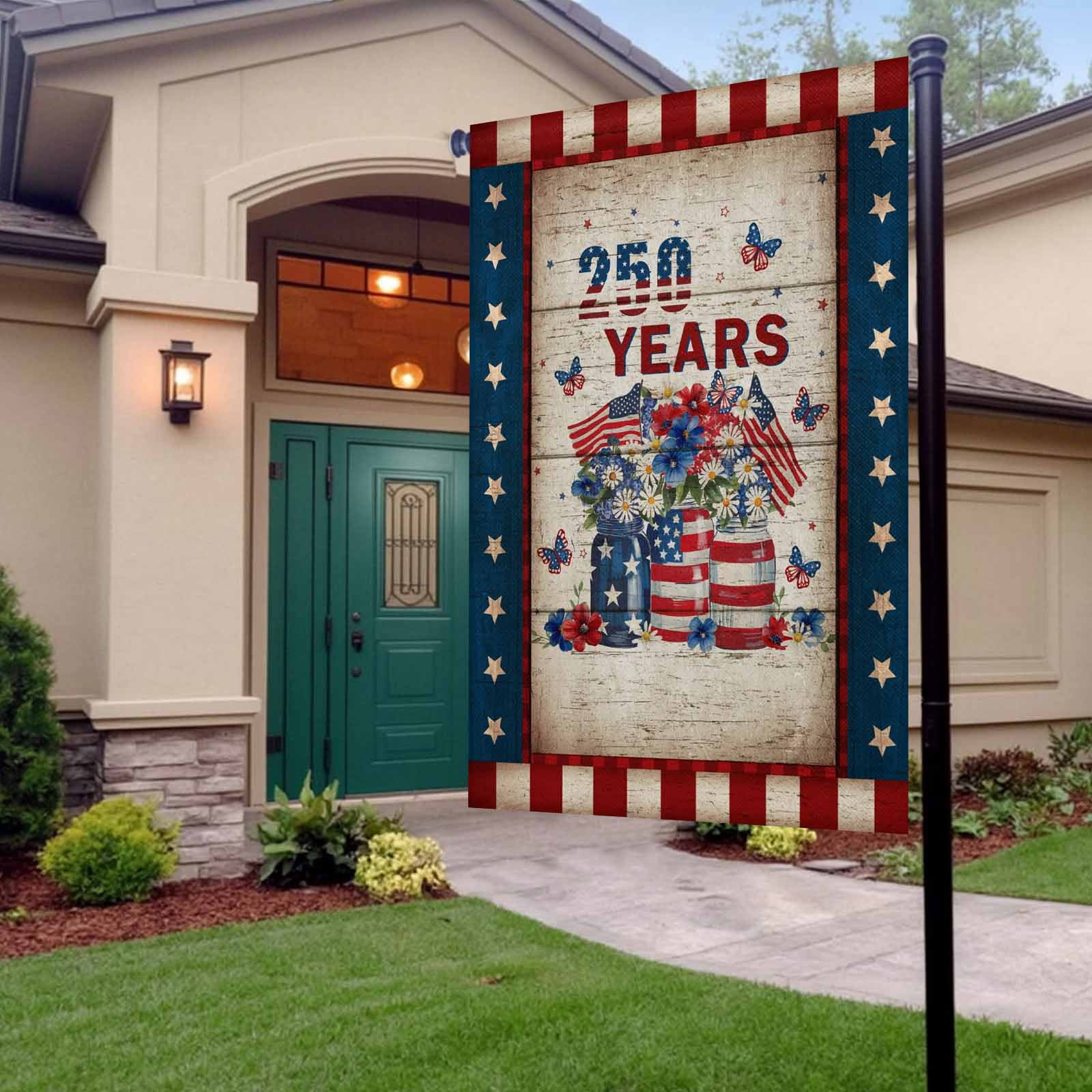 Patriotic 4th of July Garden Flag 28x40 Inch 250 Years Stars Stripe Flag Floral Wooden Double Sided Small Decorative Garden Flags for Outside, Outdoor Yard Porch Lawn Decoration
