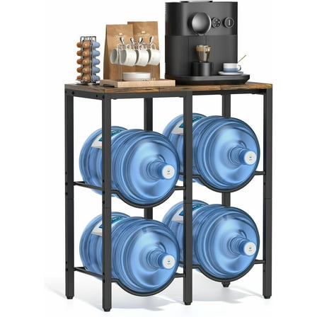 3-Tier Water Bottle Storage Rack, Steel Holder with Wood Shelf for 4x 5 Gal Jugs, Multi-Use Organizer Stand for Home, Garage, or Office