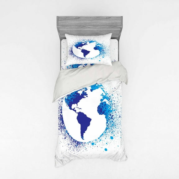 Ambesonne Abstract Bedding Set 3 Pcs, Globe Ink Effect Map, Twin, Blue White