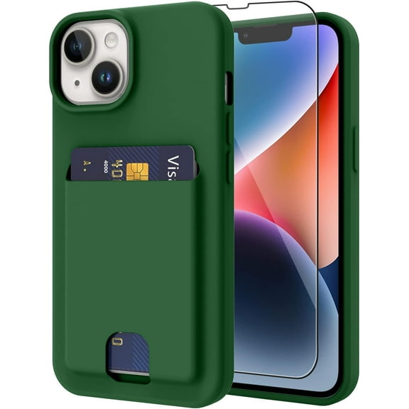 Silicone Wallet for iPhone 14 Case, Two Layer Card Holder Camera Protection Cover for iPhone 14 Case   Screen Protector, Card Slot Case Compatible with iPhone 14 Phone Case -Dark Green