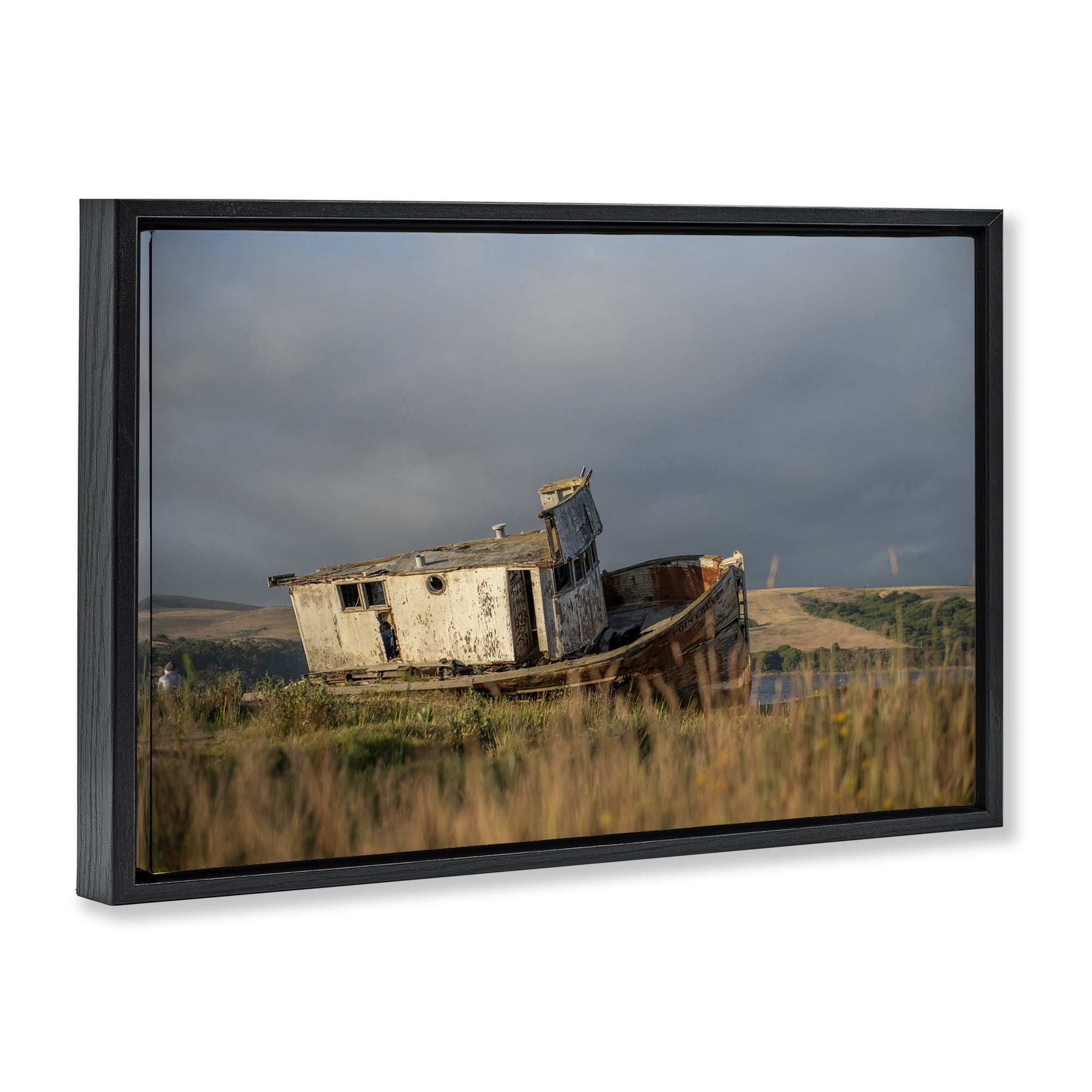 Stupell Industries Old Shipwreck on Beach Landscape & Nature Photography Black Floater Framed Canvas Art Print Wall Art, 31 x 21
