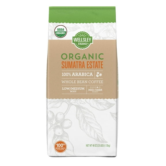 Wellsley Farms Organic Sumatra Estate Whole Bean Coffee, 40 oz.