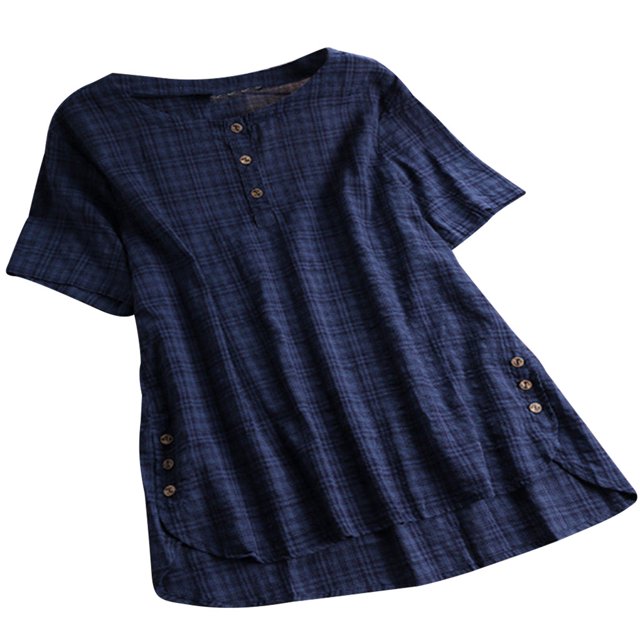 Minnieouse Mujer Verano A Cuadros Camiseta Abotonada Manga Corta Suelta Top Prendas para la parte del cuerpo azul L