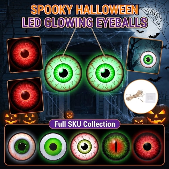 Halloween LED Light Up Eye Hanging Decorations 2 Pack, Glowing Eyeballs Scary Ghost Eyes Door Wall Badges for Window Porch, Battery Operated Acrylic Spooky Haunted House Ambiance Ornament