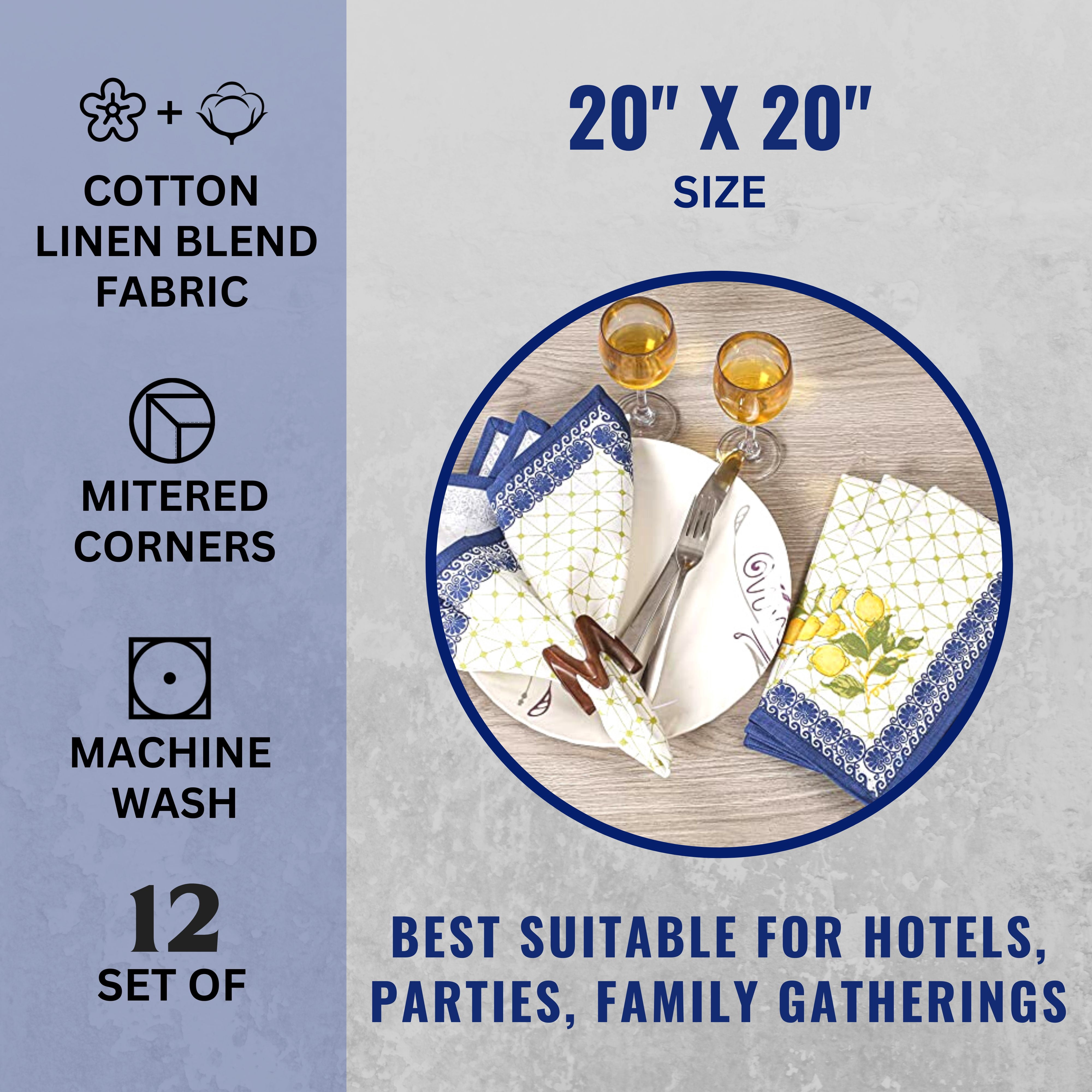 Fingercraft Cloth Napkin, Cotton Linen Blend Printed Table Napkins, Soft And Absorbent Fabric, 12 Piece , 20x20In Butterfly