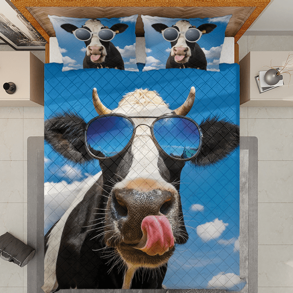 Lotusprinthandmade Funny Cow Quilt Bedding Set (Fold Hem) 5 Sizes (Made in Vietnam) (55x60), funny cow quilt, cow print quilt bed set, cute cow quilt bedding