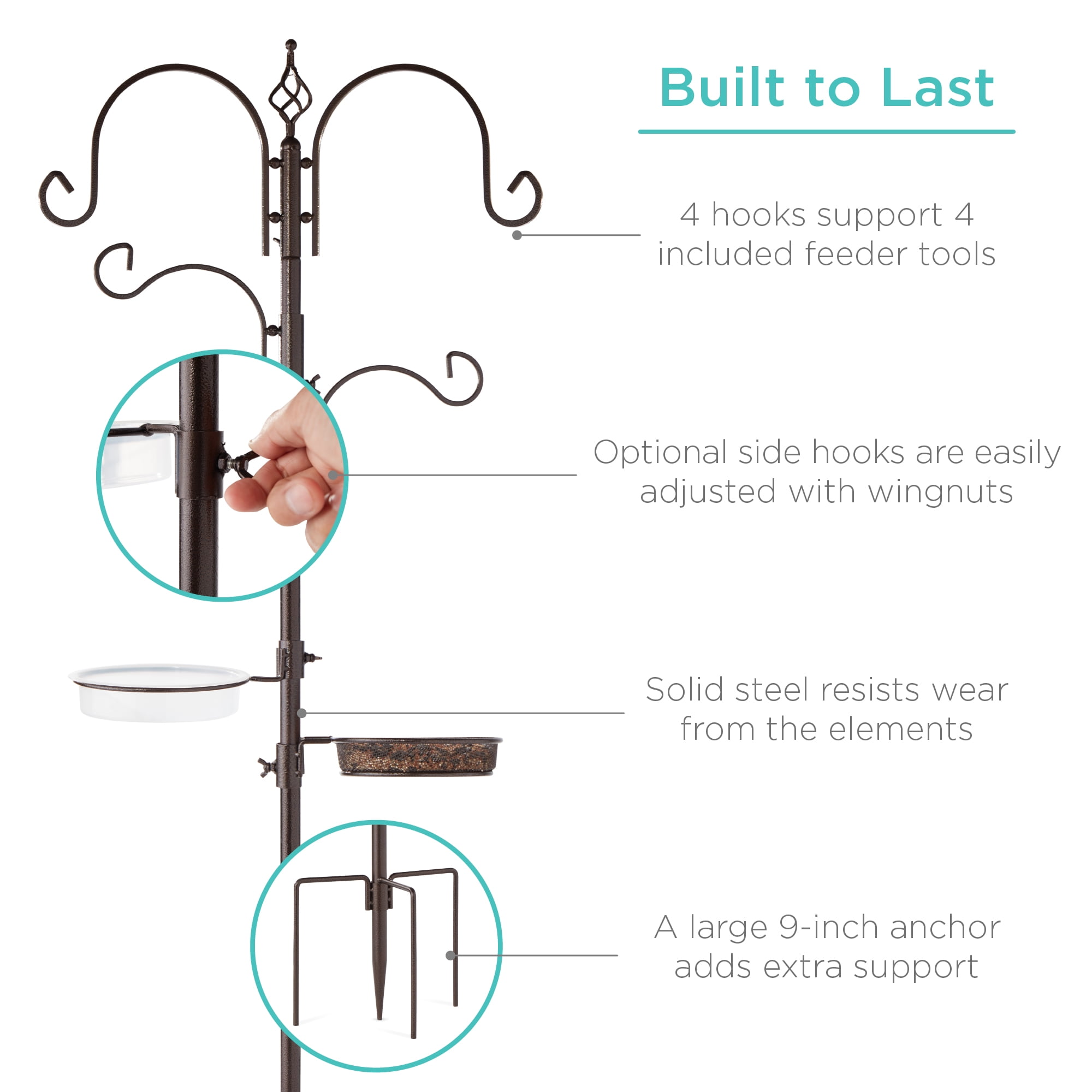 Best Choice Products 91in 4-Hook Bird Feeding Station, Steel Multi-Feeder Stand w/ 2 Feeders, Tray, Bird Bath - Brown