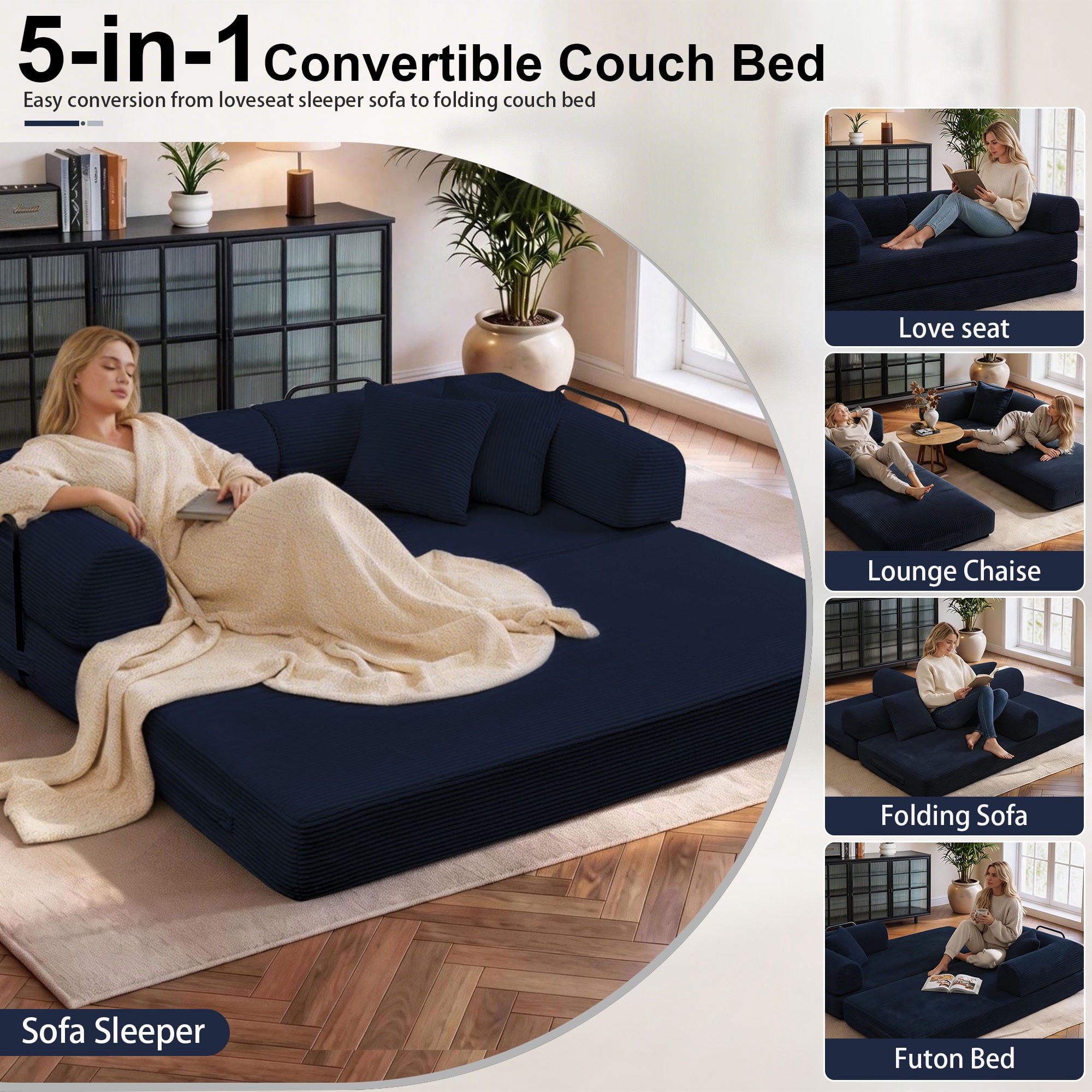 78" Convertible Sleeper Sofa Bed, Holaki Compression Folding Sofa with Pillow & 3 Seat, Corduroy Folding Sofa Couch with Fixed-Shape Frame, Floor Sofas Lounge Couch for Living Room Bedroom, Blue
