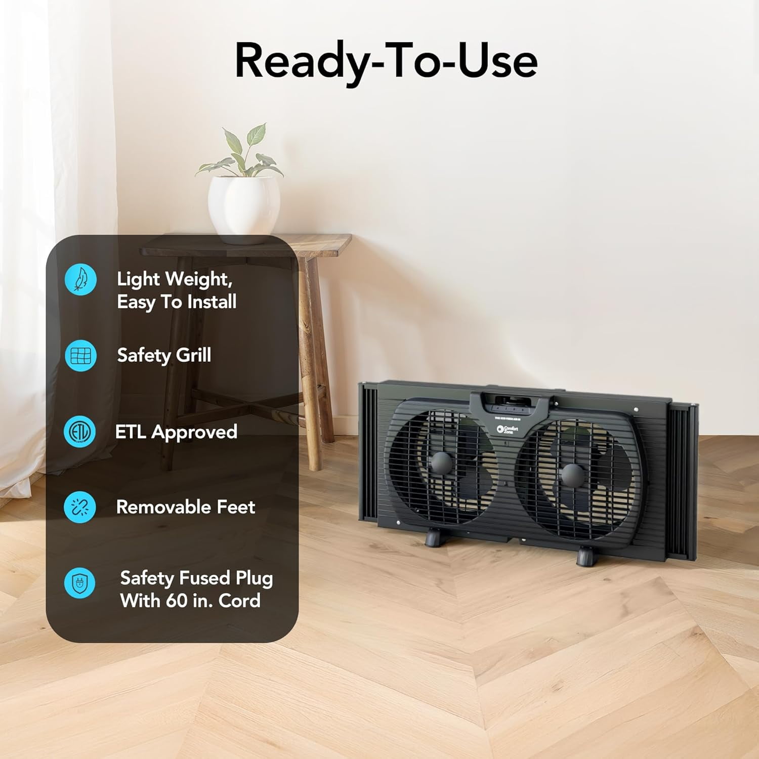Comfort Zone 9" Twin Window Fan with Quiet Setting, 3-Speeds, Auto-Locking Expanders, Black