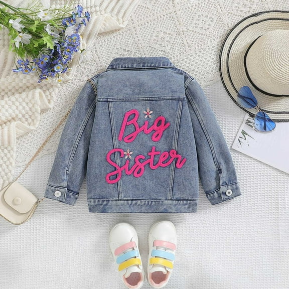 XXWXYD Toddler Baby Girl Denim Coat Lil Big Sister Letter Embroidery, Long Sleeve Cardigan Button Jacket, Casual Wear