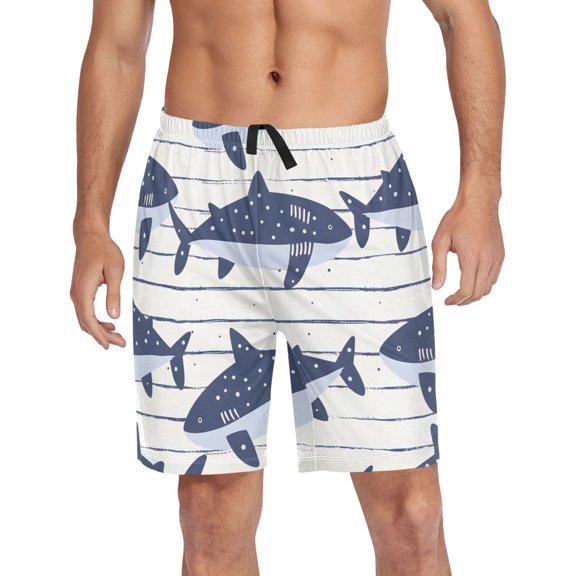 joogoo Mens Swim Trunks Cartoon Shark on Strips Beach Shorts Drawstring Elastic Waist Swimwear Bathing Suits L