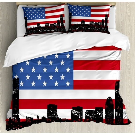 Boston King Size Duvet Cover Set, Scattered Skyline of Buildings on Vibrant Color US Flag Background, Decorative 3 Piece Bedding Set with 2 Pillow Shams, Cobalt Blue Ruby and Black, by Ambesonne