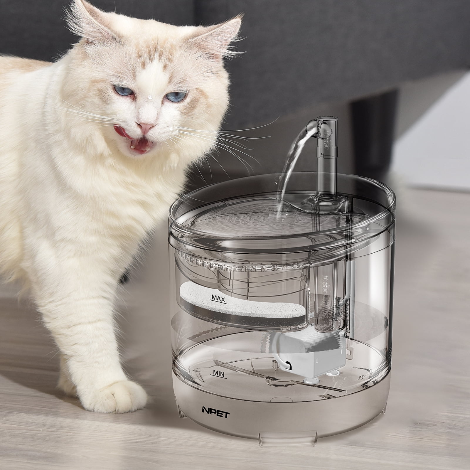 NPET Cat Drinking Fountain WF050 Brushless Ultra Quiet Pump 1.5L Pet Fountain with Faucet Outlet 1 Sensor Switch 2 Filters