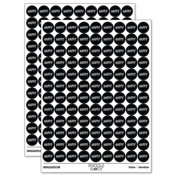 Happy Fun Text 200  Round Stickers - Black - Gloss Finish - 0.50" Size