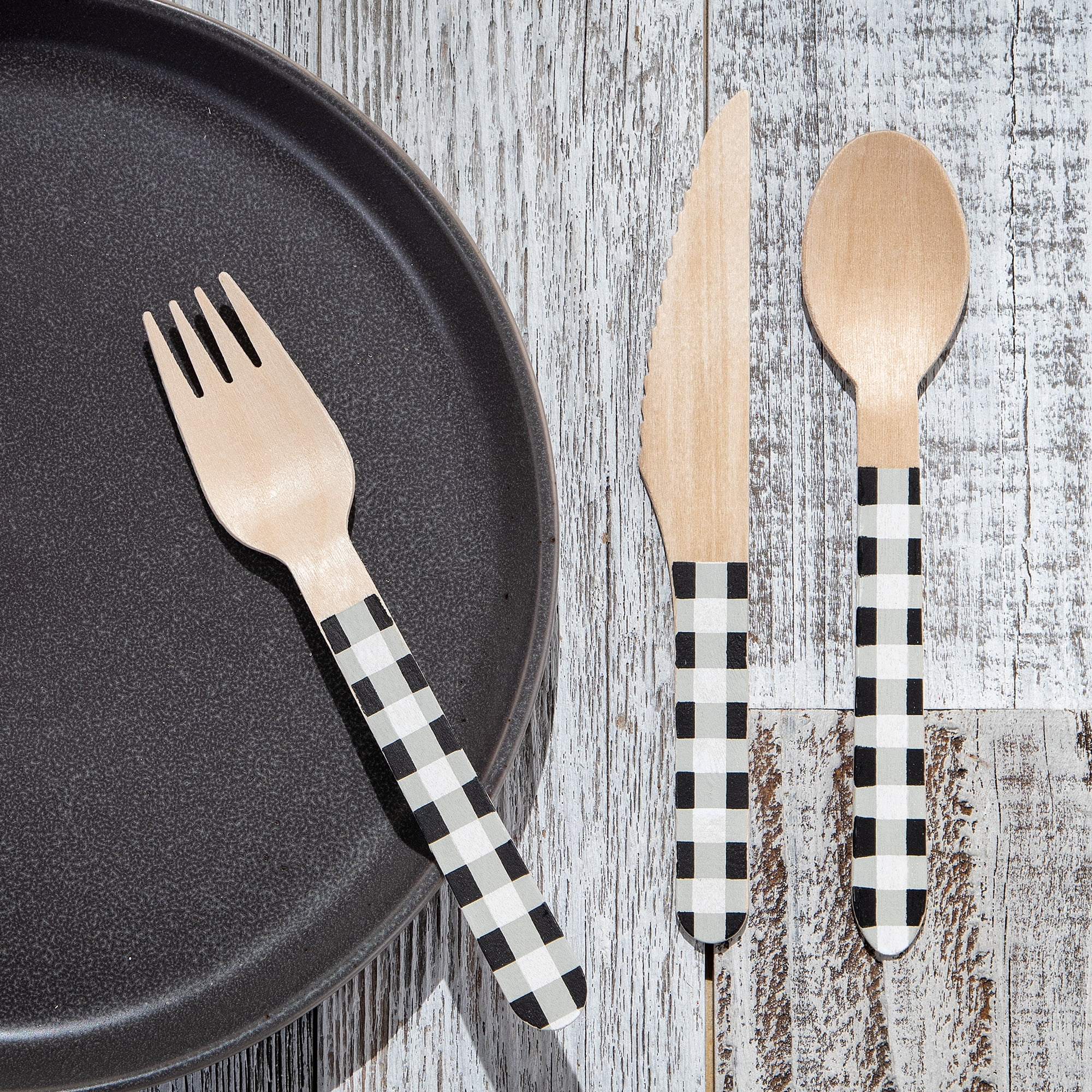 Black and White Gingham Wooden Assorted Cutlery, 24 Count by Way to Celebrate