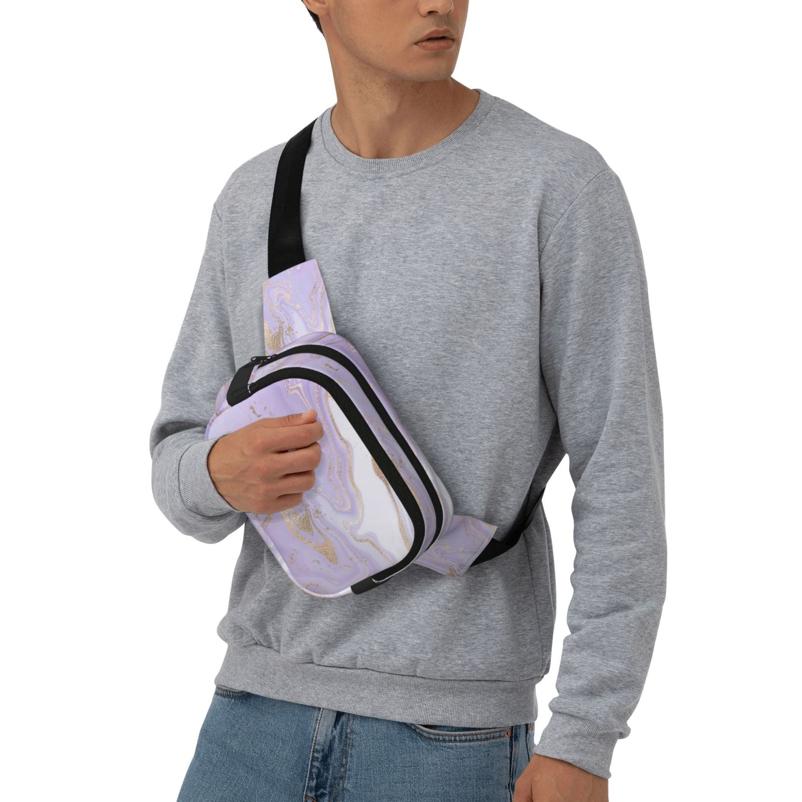 Picia Lavender Glitter Foil Stripes Print Square Double-Layer Waist Bag Mini Adjustable Waist Belt Bag Exercise Running Travel Hiking