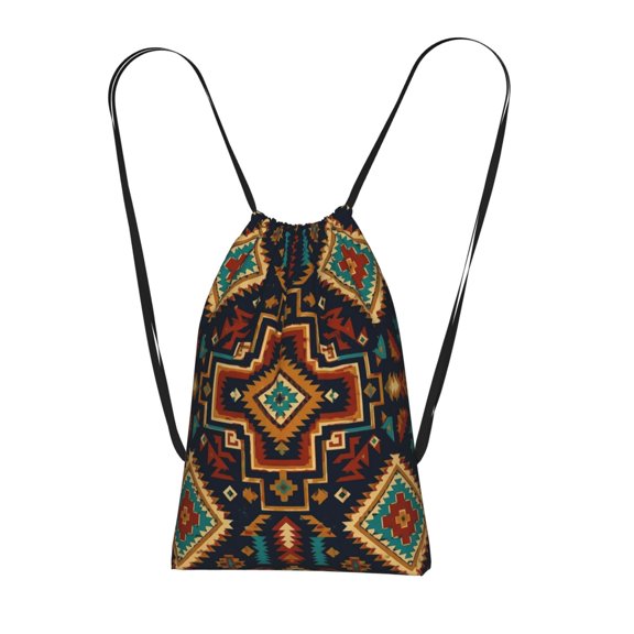 Modern Ethnic Navy Geometric Graphic Packable Drawstring Backpack, Lightweight Foldable Cinch Storage Bag for Gym Travel Shopping