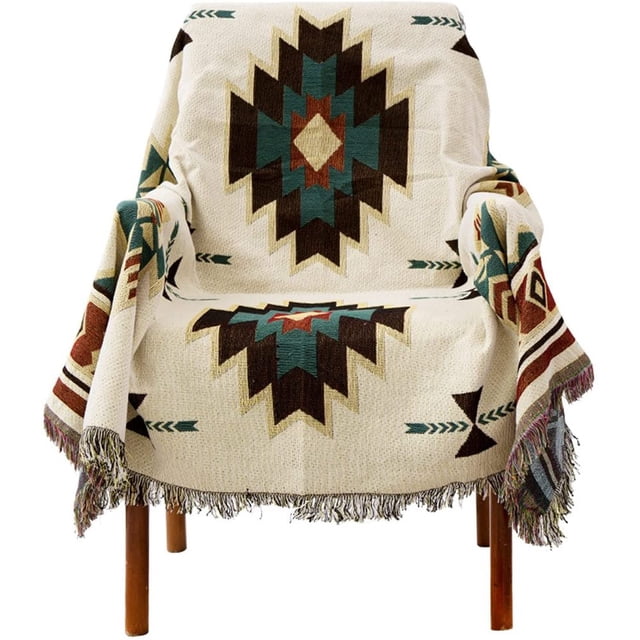 Manta boho con flecos, manta 130×180 cm, manta de punto geométrico