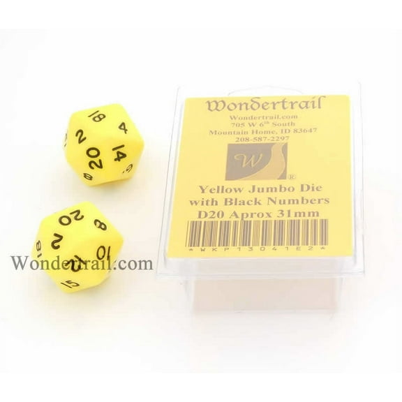 Yellow Jumbo Dice with Black Numbers D20 31mm (1.25in) Set of 2 Wondertrail