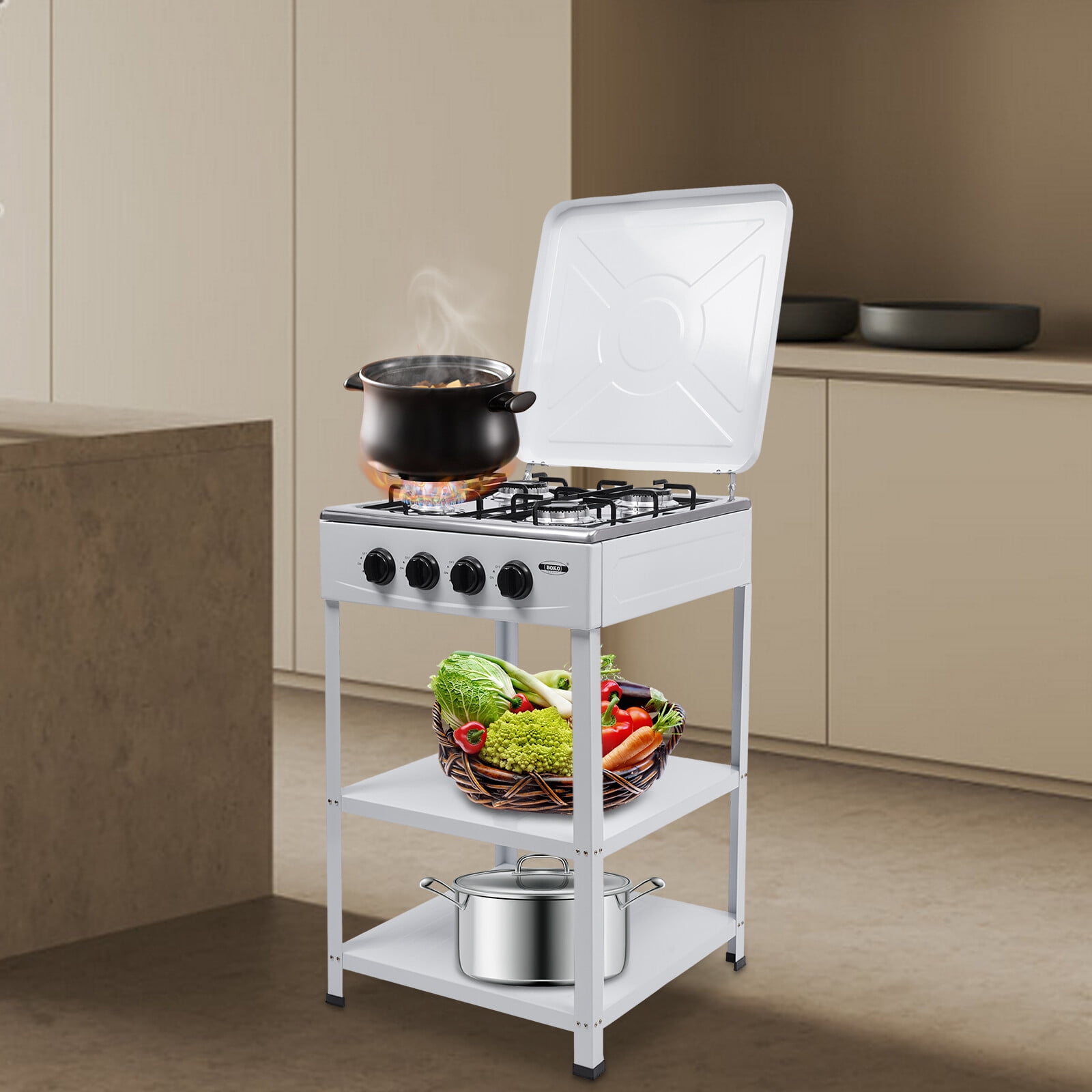 4 Burner Gas Stove Natural Gas – Portable Camping Stove with 4 Independent Burners, 19.8lbs Freestanding Cooker with Wind Guard & Double Storage Shelves, White Gas Hob for Home RV Outdoor Kitchen