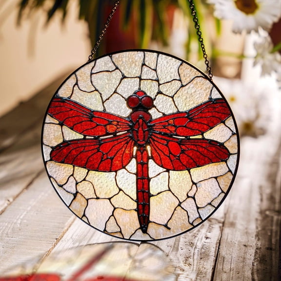 Red Dragonfly Glass Suncatcher, Window Hanging, for Mom, 7.9 in