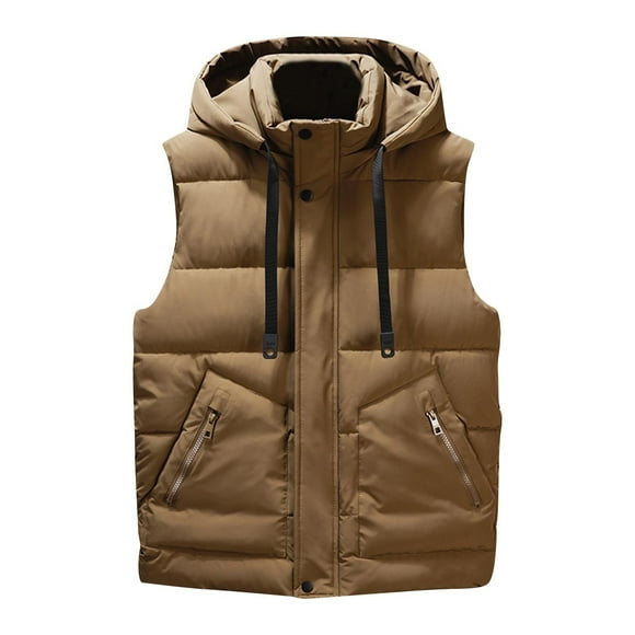 LNWUY Men's Thickened Warm Winter Hooded Puffer Vest Sleeveless Zip Up Padded Jackets Coat Lightweight Quilted Gilet with Pockets Brown L