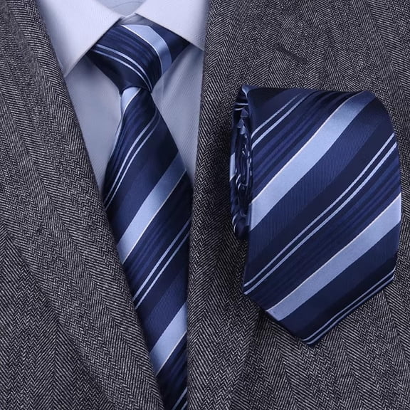 Yongchuantie Men's High-quality 100%Silk Tie With Blue and White Striped Pattern for Formal Business Banquets 8CM Wide Cravat