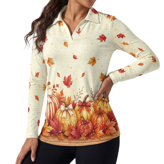 Jeiento Autumn Pumpkin Women's Golf Shirts, Long Sleeve Fall Athletic Tops, V Neck Moisture Wicking Quick Dry Sun Protection Top for Golf, Outdoor Travel and Daily Wear