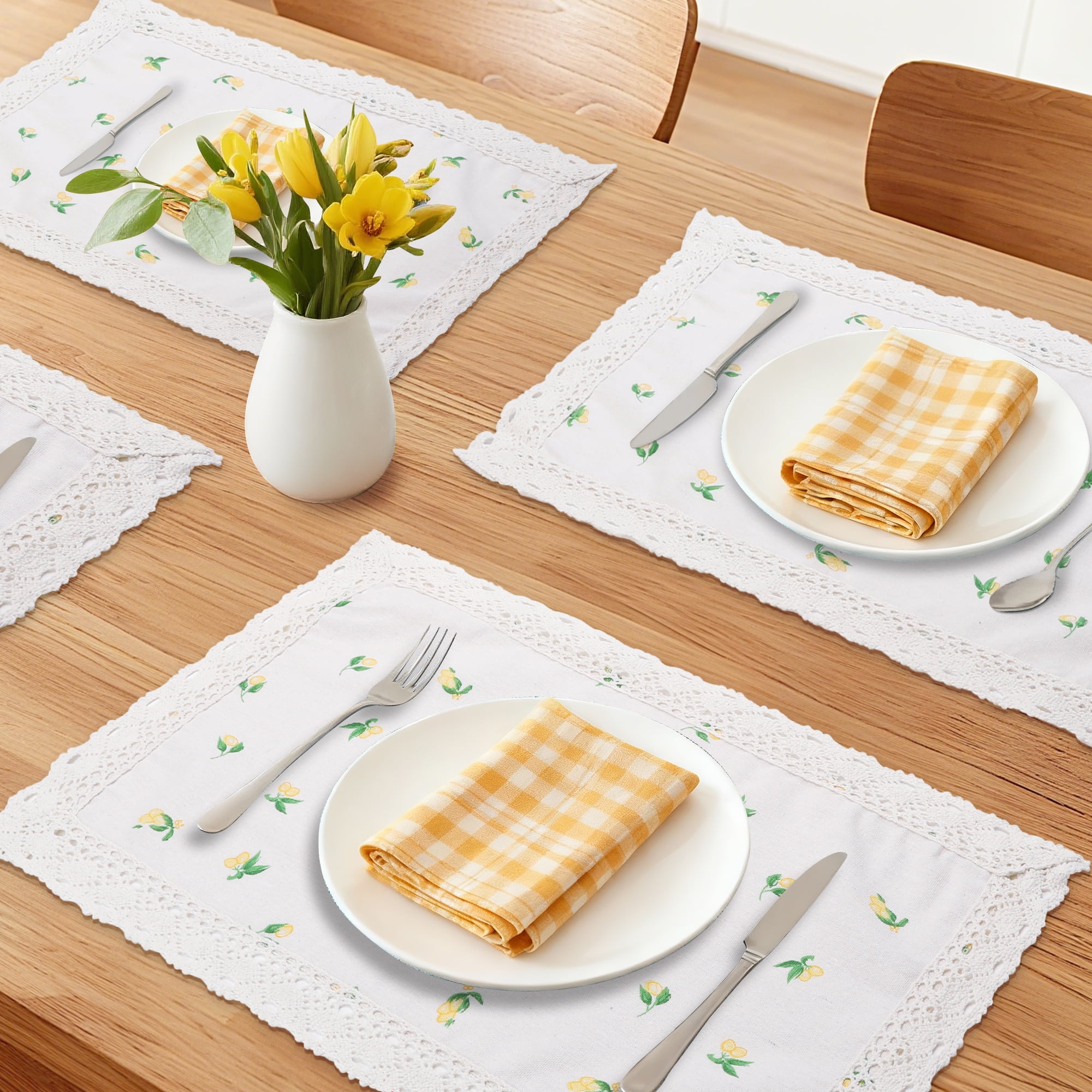 Unique Bargains Set of 6 Rustic Washable Table Mat Placemats with Lace Trim Beige