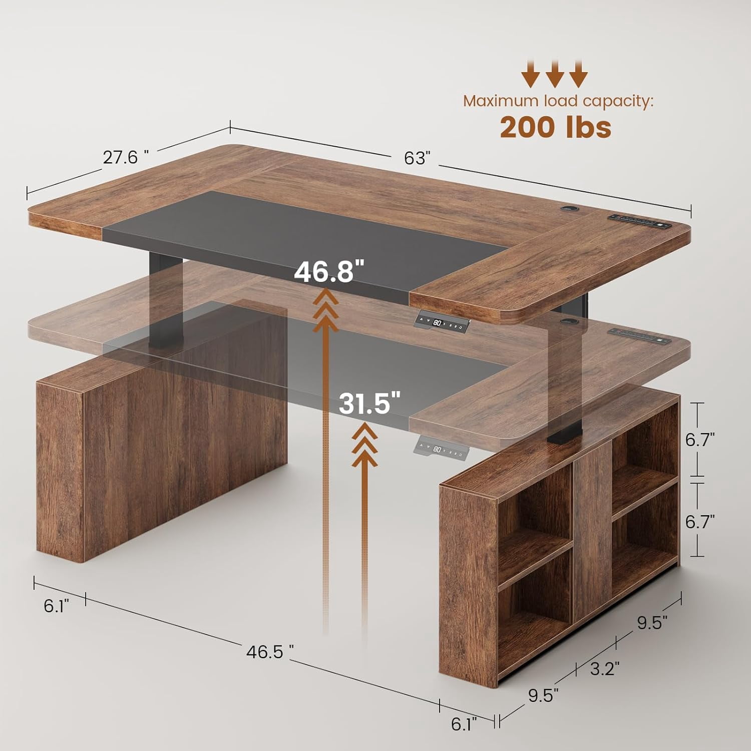 SEDETA 63" Standing Office Desk with Storage, Height Adjustable Executive Desk witj Power Outlets & Open Shelves, Large Computer Desk with Privacy Panel for Home Office, Brown