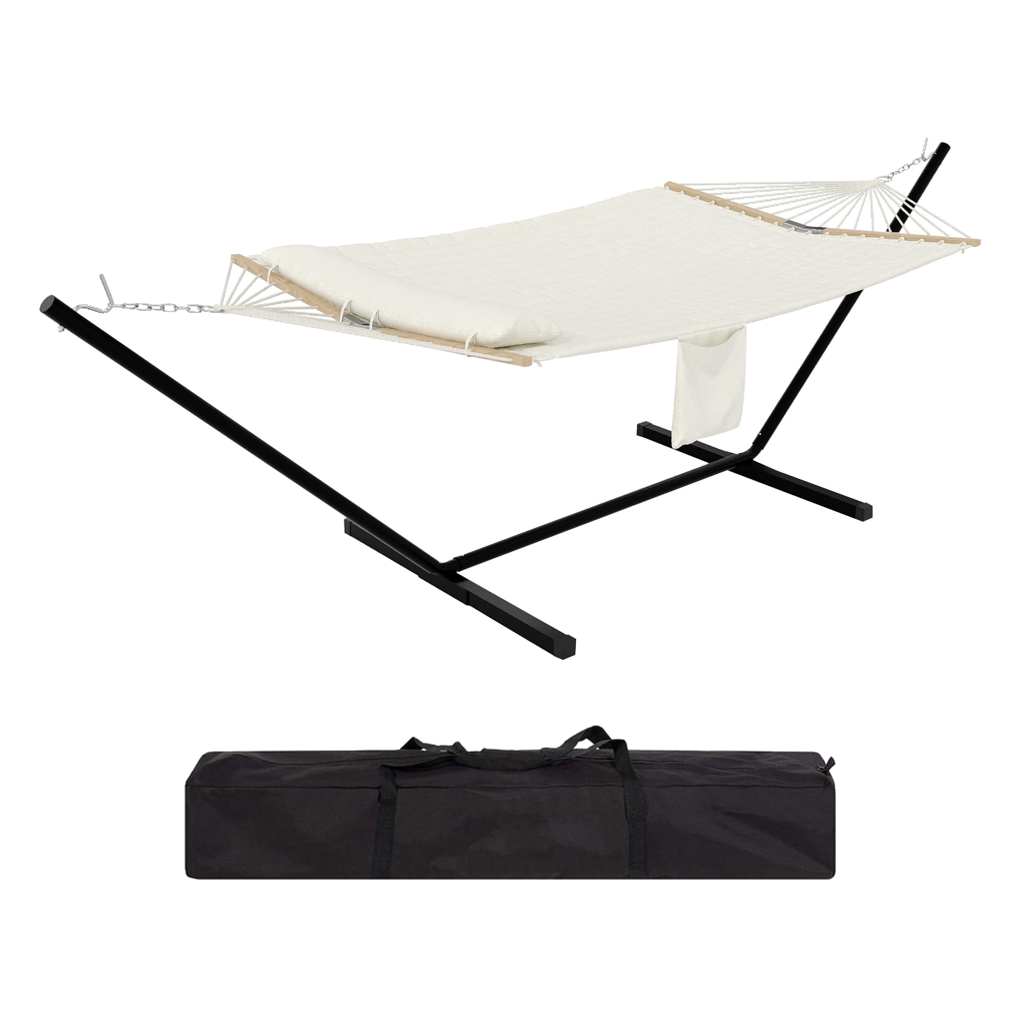 Portable 2-Person Quilted Hammock with Heavy Duty Steel Stand - Comfortable Fabric, Pillow & Carry Bag, 500LB Capacity for Indoor/Outdoor Patio, Camping, Backyard - Light Cream